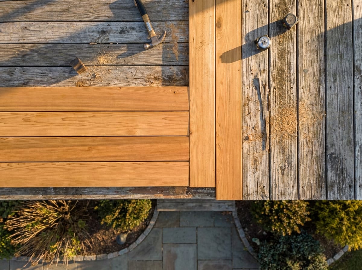 Deck refurbishment with new boards next to weathered boards, South Jersey