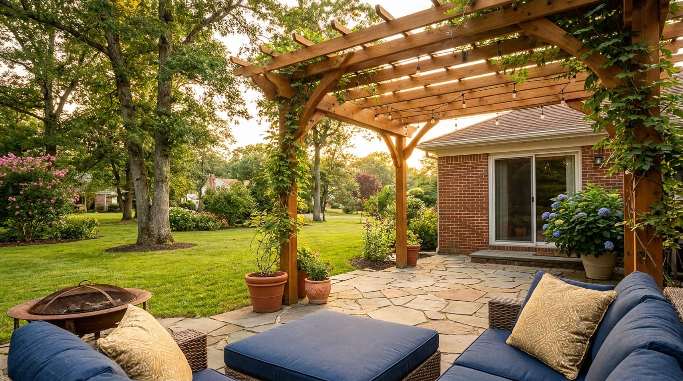 Custom pergola over a deck in South Jersey backyard