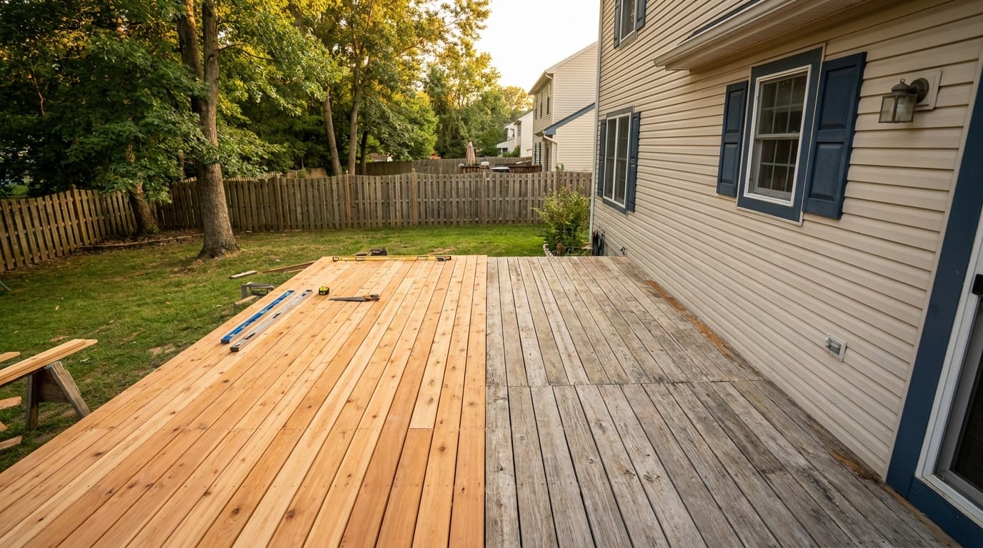 Deck mid-refurbishment showing new boards beside weathered boards, South Jersey