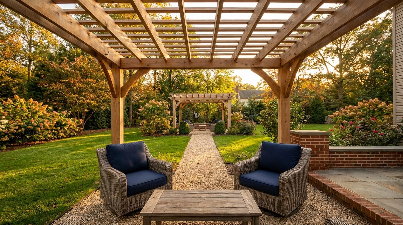 Freestanding custom pergola as a separate outdoor destination, South Jersey backyard