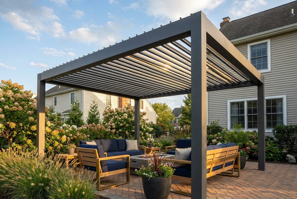 Louvered pergola with adjustable roof casting striped shade, South Jersey