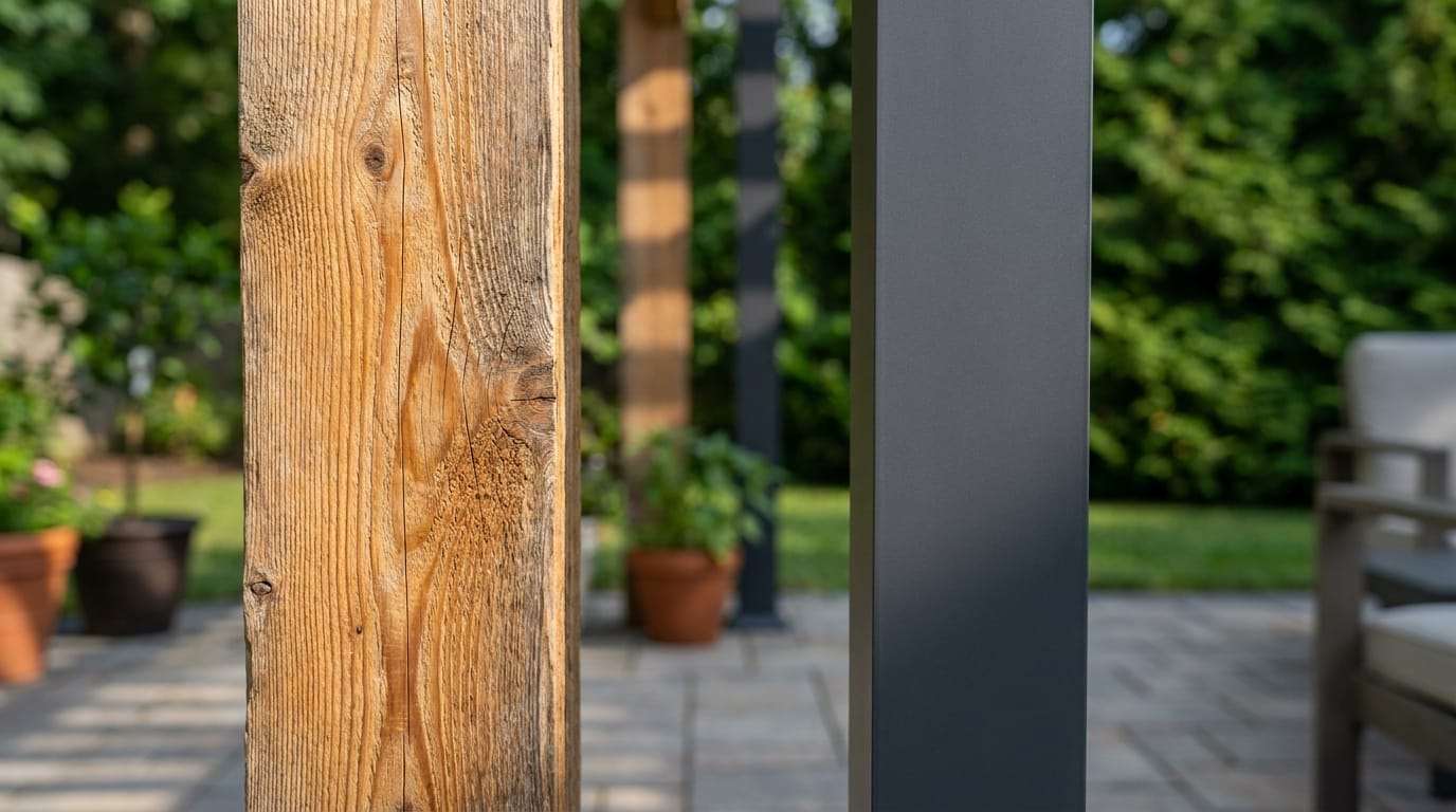 Cedar wood and low-maintenance aluminum pergola material comparison, South Jersey
