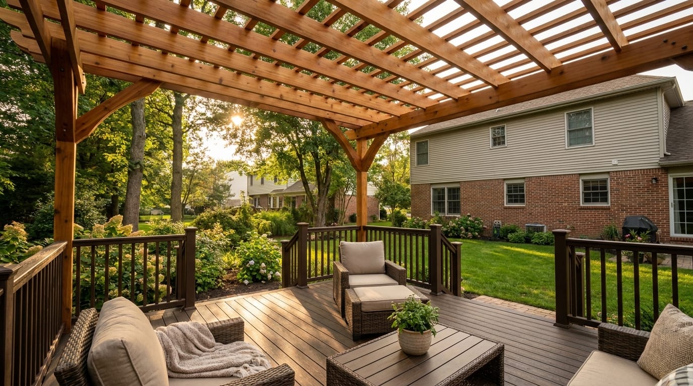 Composite deck with pergola overhead in South Jersey backyard