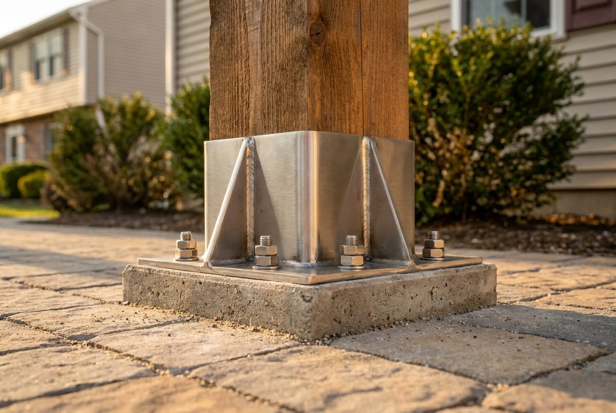 Pergola post footing connection showing anchoring quality and hardware, South Jersey