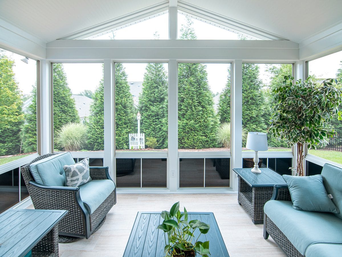 Screened porch with bug-free screen panels and garden view, South Jersey NJ