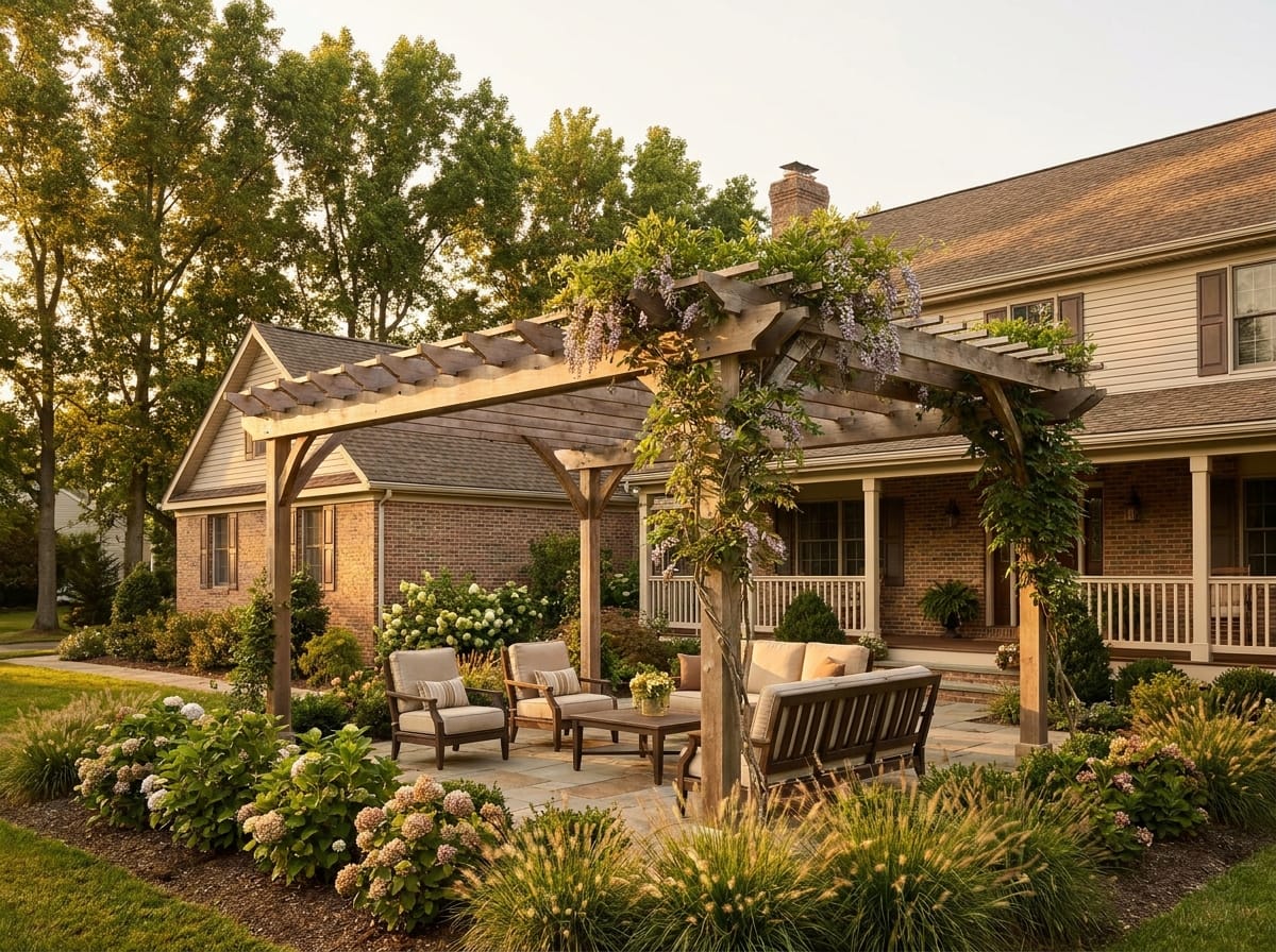 Custom pergola with dappled shade over a South Jersey patio