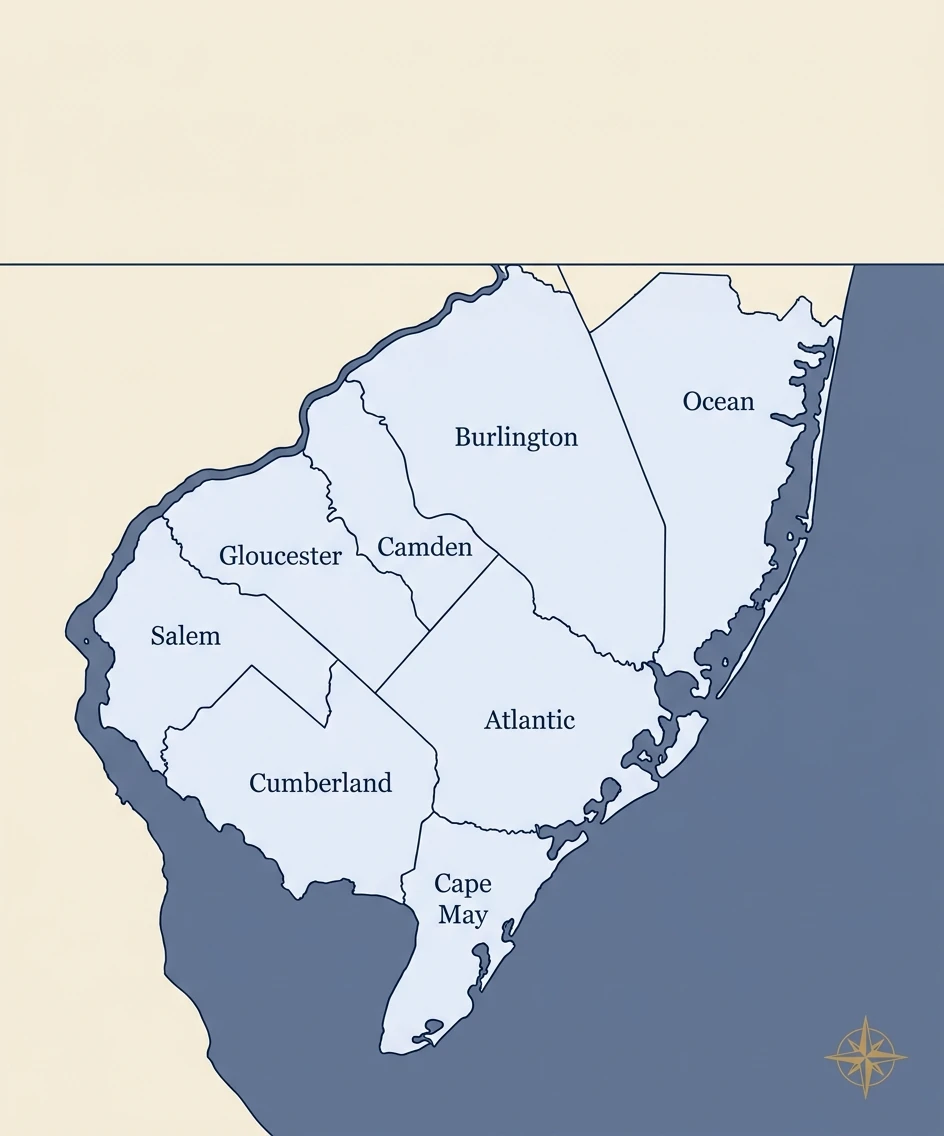 Illustrated map of the eight South Jersey counties served: Cumberland, Atlantic, Cape May, Gloucester, Salem, Camden, Burlington, and Ocean